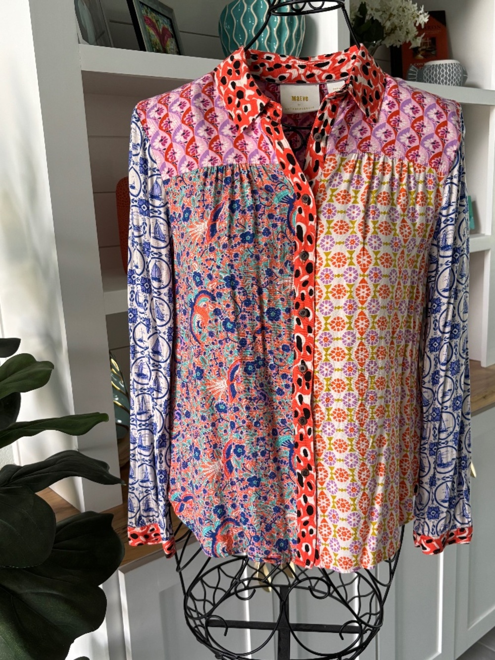 Maeve Anthropologie Mixed Print Button Up Blouse Sz S